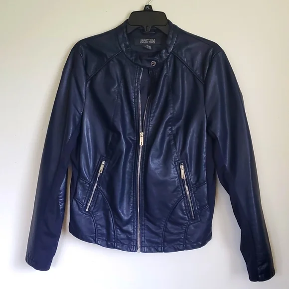 Kenneth Cole Reaction Jackets Coats Womens Navy Faux Leather
